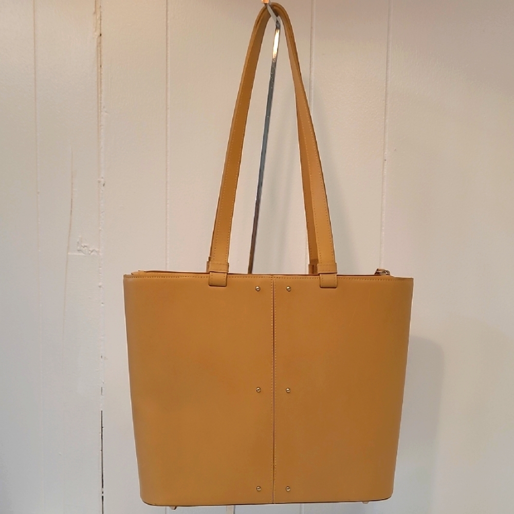 Carla Mancini Caramel Color Leather Tote Zippered Close and Suede Interior